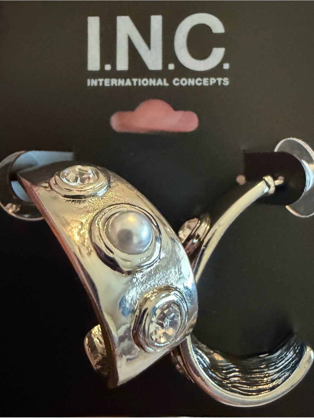 INC International Concepts Silver-Tone Pearl and Crystal Hoop Post Earrings NWT